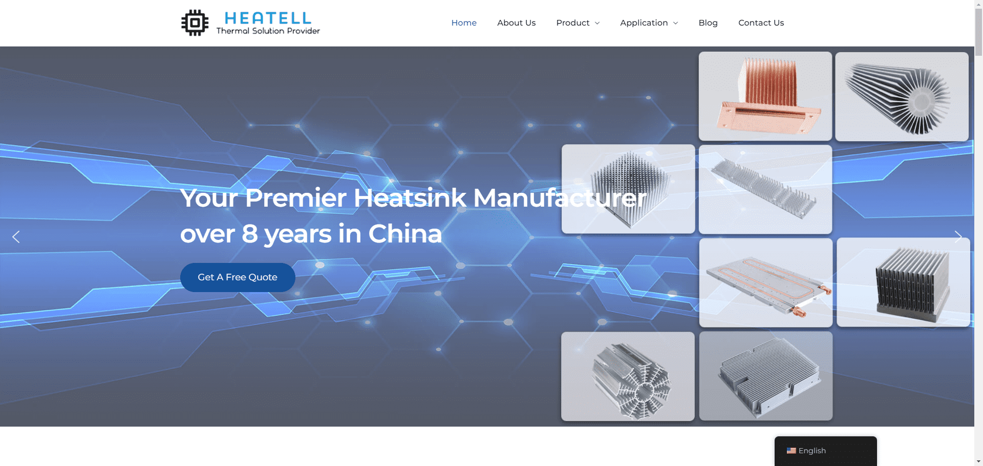 Heatell homepage showcasing custom heatsink solutions and thermal simulation services. Домашняя страница Heatell, демонстрирующая индивидуальные решения в области радиаторов и услуги теплового моделирования.